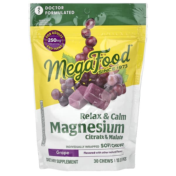 MegaFood Magnesium, Citrate & Malate, Grape, 30 Individually Wrapped Soft Chews (125 mg per Chew)