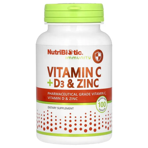 NutriBiotic Immunity, Vitamin C + D3 & Zinc, 100 Capsules