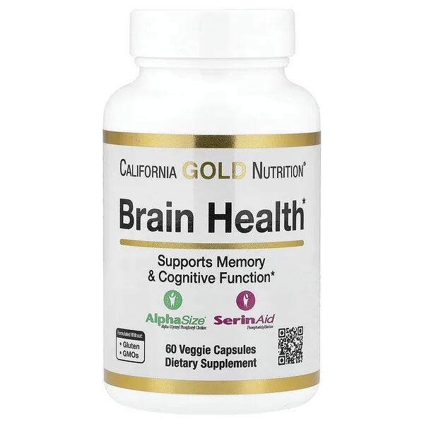 California Gold Nutrition Brain Health with Alpha-Glycerophosphorylcholine, Calcium, Phosphorus and Phosphatidylserine, 60 Veggie Capsules