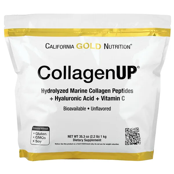 California Gold Nutrition CollagenUP®, Hydrolyzed Marine Collagen Peptides with Hyaluronic Acid, Unflavored, 2.2 lb (1 kg)