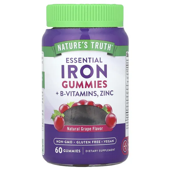 Nature's Truth Essential Iron + B-Vitamins, Zinc Gummies, Natural Grape, 60 Gummies