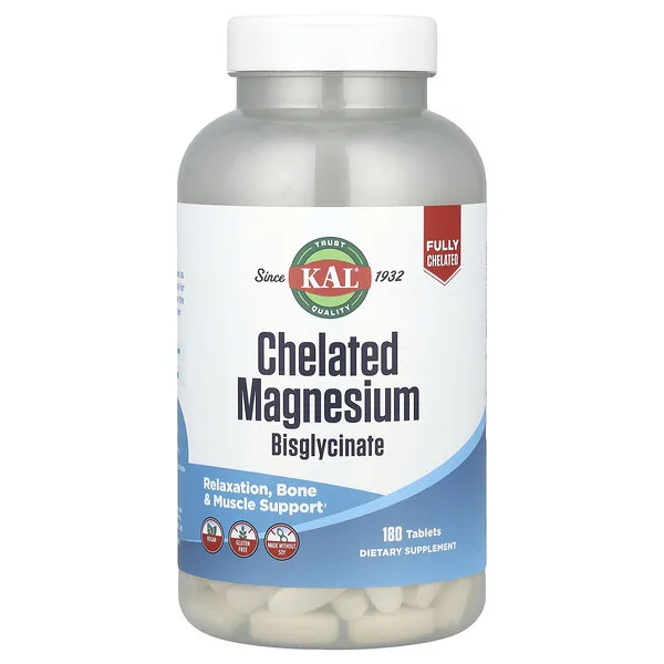 KAL Chelated Magnesium Bisglycinate, 180 Tablets (105 mg per Tablet)