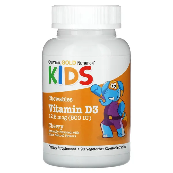 California Gold Nutrition Chewable Vitamin D3 for Children, Natural Cherry, 12.5 mcg (500 IU), 90 Vegetarian Tablets