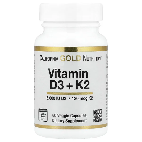 California Gold Nutrition Vitamin D3 + K2 as MK-7, 60 Veggie Capsules