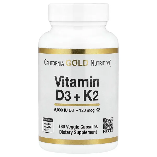 California Gold Nutrition Vitamin D3 + K2 as MK-7, 180 Veggie Capsules