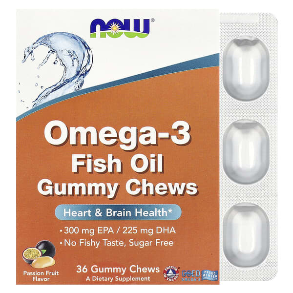 NOW Foods Omega-3 Fish Oil Gummy Chews, Passion Fruit, 36 Gummy Chews