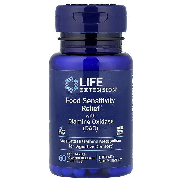 Life Extension Food Sensitivity Relief with Diamine Oxidase (DAO), 60 Vegetarian Delayed Release Capsules (4.3 mg per Capsule)