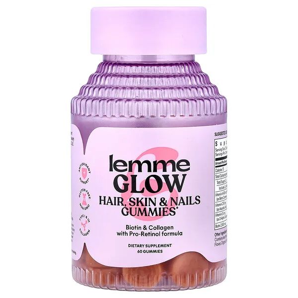 Lemme Glow, Hair, Skin & Nails Gummies, Peach, 60 Gummies