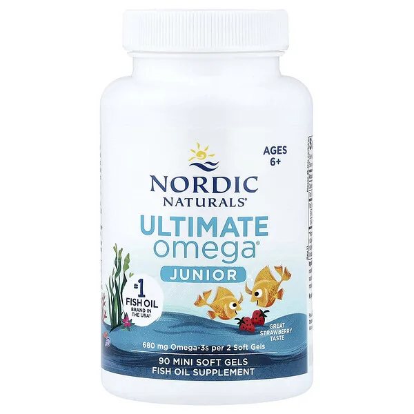 Nordic Naturals Ultimate Omega® Junior, Ages 6+, Strawberry, 90 Mini Soft Gels (340 mg per Soft Gel)