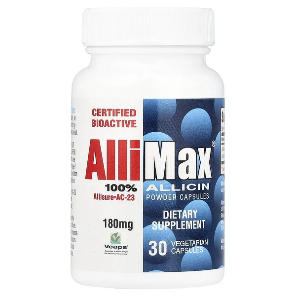 Allimax 100% Allicin Powder Capsules, 180 mg, 30 Vegetarian Capsules