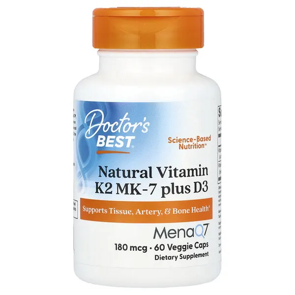 Doctor's Best Natural Vitamin K2 MK-7 plus D3, 180 mcg, 60 Veggie Caps