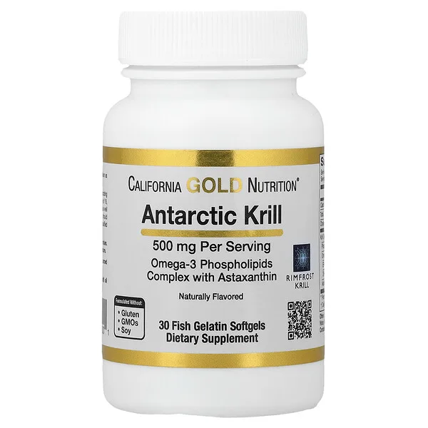 California Gold Nutrition Antarctic Krill Oil, Omega-3 Phospholipids Complex with EPA, DHA, and Astaxanthin, Natural Strawberry and Lemon, 500 mg, 30 Fish Gelatin Softgels