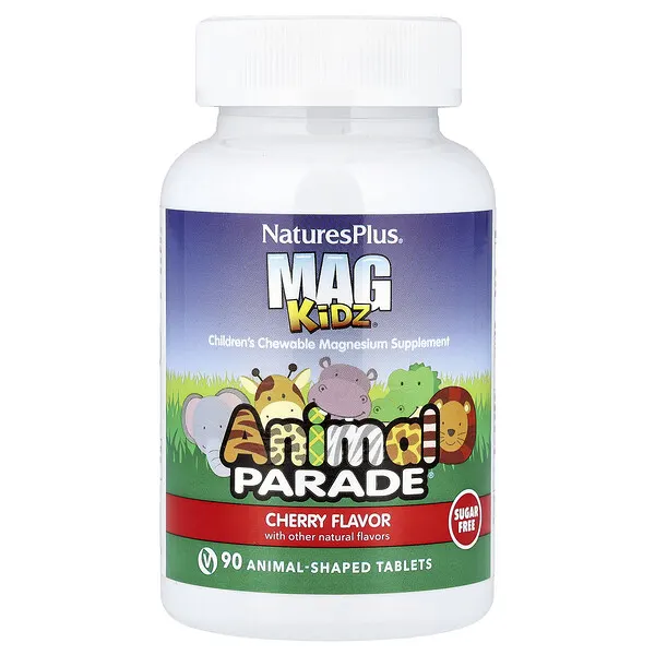 NaturesPlus MagKidz®, Animal Parade®, Children's Chewable Magnesium, Cherry, 90 Animal-Shaped Tablets (50 mg per Tablet)