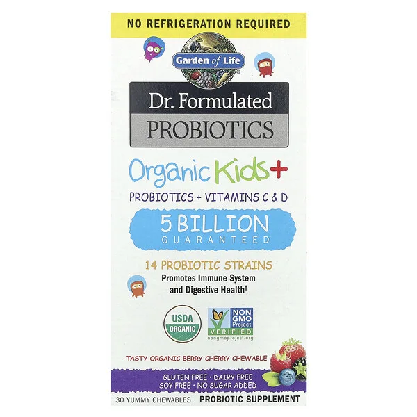 Garden of Life Dr. Formulated Probiotics, Organic Kids + Probiotics + Vitamins C & D, Tasty Organic Berry Cherry, 30 Yummy Chewables