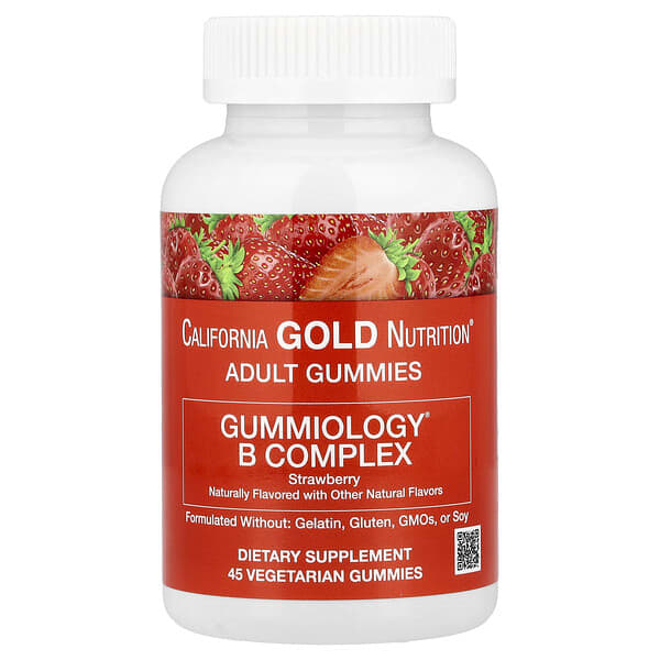 California Gold Nutrition Gummiology® B Complex Gummies with Vitamins B6 and B12, Folate, and Biotin, Strawberry, 45 Vegetarian Gummies