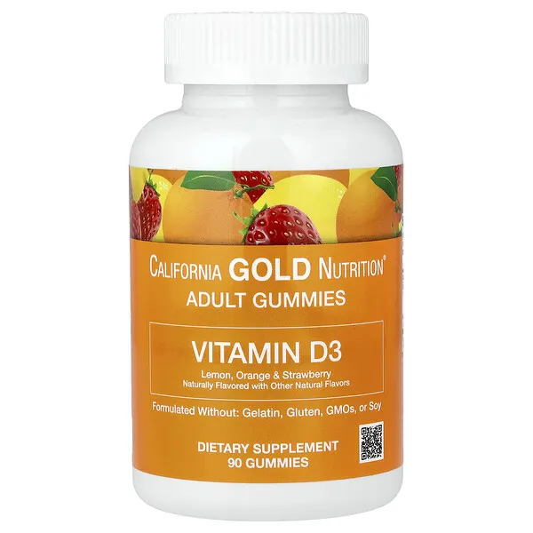 California Gold Nutrition Vitamin D3 Gummies, Lemon, Orange, & Strawberry, 90 Gummies (25 mcg (1,000 IU per Gummy))